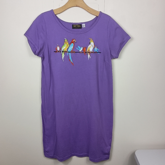 Vintage Bob Mackie Short Sleeve T Shirt Dress Purple Medium Embroidered Birds - Picture 1 of 8
